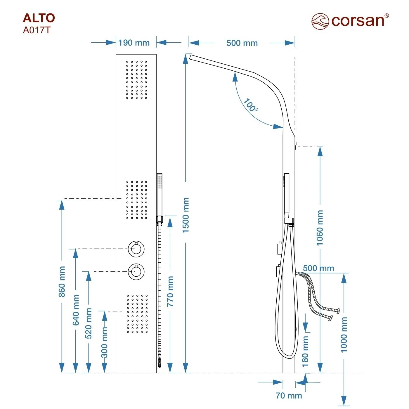 Wymiary i rysunek techniczny panelu Corsan ALTO Termostat Srebrny