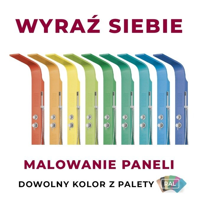 Przykładowe panele prysznicowe Corsan w różnych kolorach RAL, w tym Kaskada