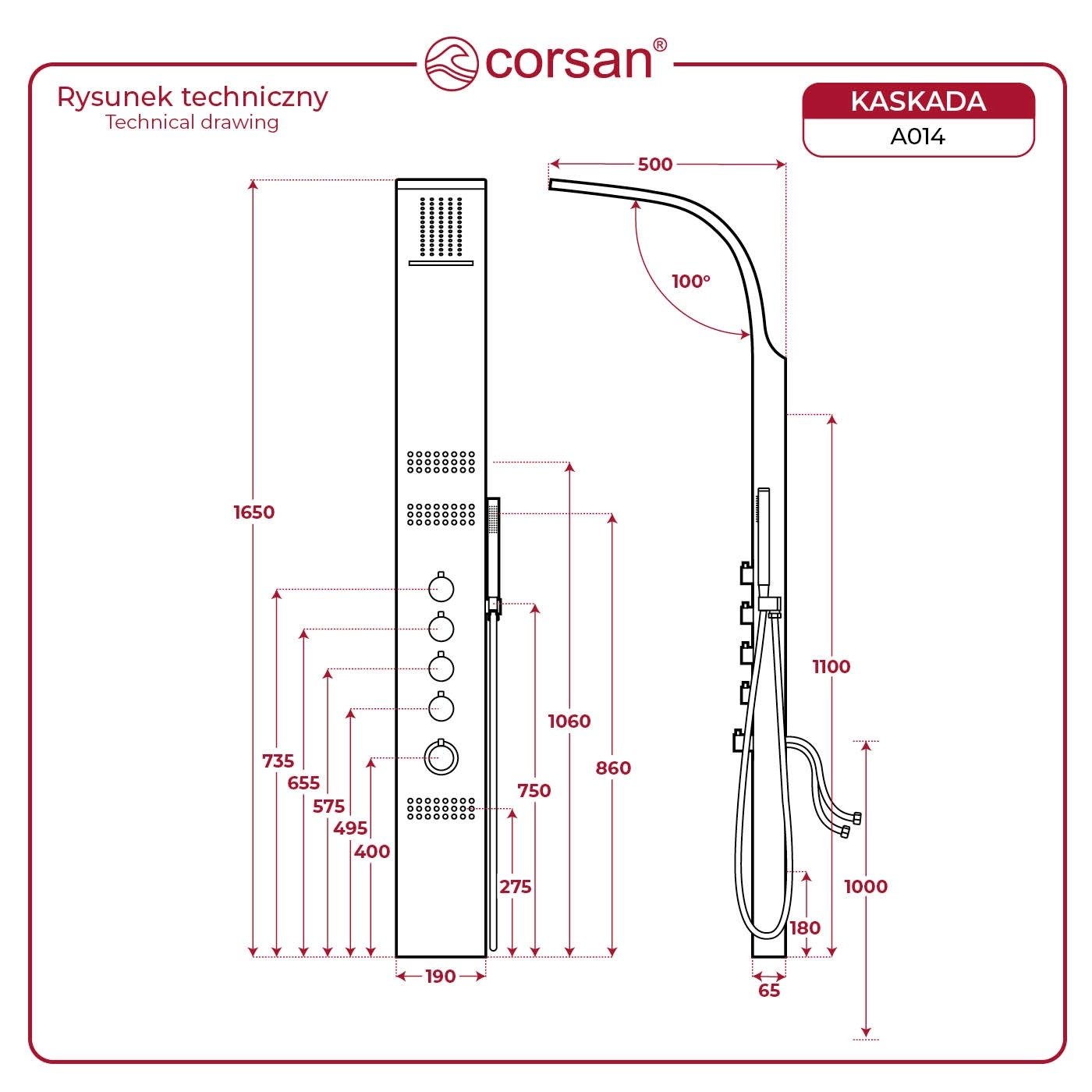 Panel prysznicowy Corsan KASKADA Termostat Srebrny