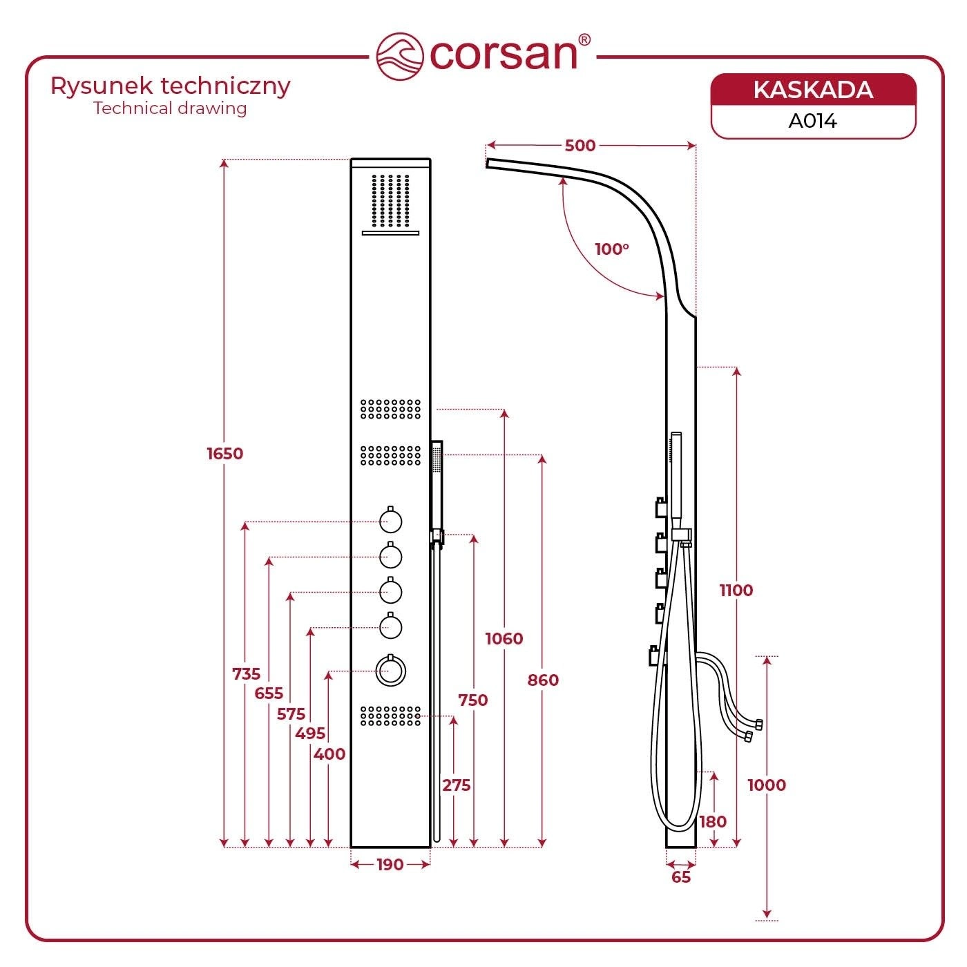Wymiary i rysunek techniczny panelu Corsan KASKADA Termostat Srebrny