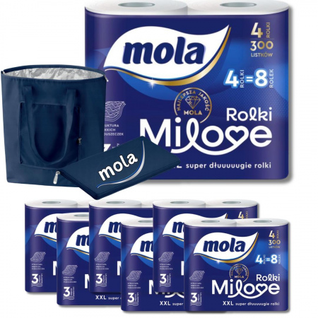 Papier toaletowy 3 warstwowy Mola Milove 4 sztuki (300 listków) x 7 opakowań + TORBA TERMICZNA MOLA GRATIS