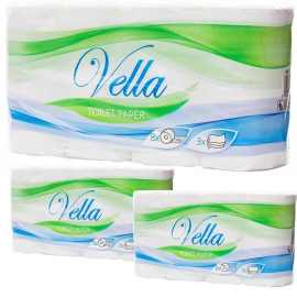 Papier toaletowy 3 warstwowy Vella 100 % biały celuloza 250 listków (8 sztuk) x 3 opakowania