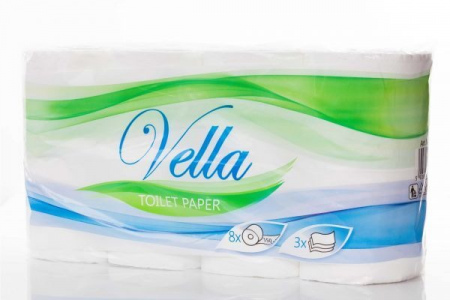 Papier toaletowy 3 warstwowy Vella 100 % biały celuloza 250 listków (8 sztuk)