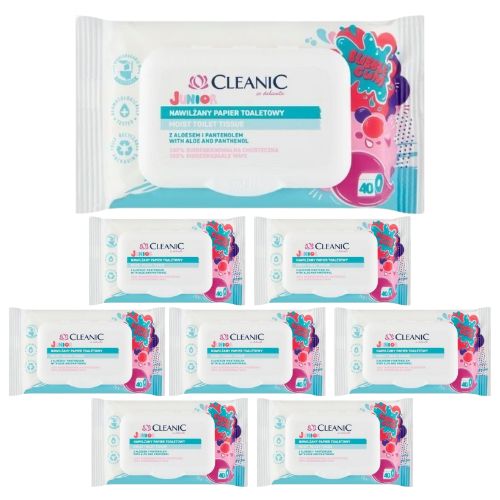 Papier toaletowy Cleanic Junior nawilżany o zapachu gumy balonowej (40 sztuk) x 8 opakowań