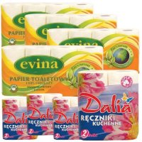 Papier toaletowy Evina biały (8 rolek) + Ręcznik papierowy Dalia (2 rolki) x 8 opakowań