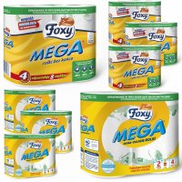 Papier toaletowy Foxy Mega rolki bez końca (4 rolki) + Ręcznik kuchenny Foxy Mega długi (2 rolki) x 8 opakowań