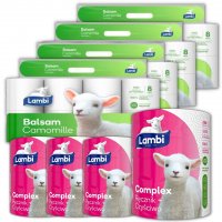 Papier toaletowy Lambi Balsam Camomille (8 rolek) x 4 opakowania + Ręcznik papierowy 3 warstwowy Lambi complex x 4 sztuki