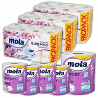 Papier toaletowy Mola Romantic Elegance (16 rolek) + Ręcznik papierowy Mola Komfort x 8 opakowań