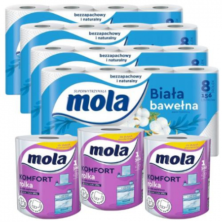 Papier toaletowy Mola White Bawełniana Biel (8 rolek) x 4 opakowania + Ręcznik papierowy Mola Komfort x 3 sztuki