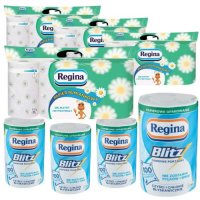 Papier toaletowy Regina Rumiankowy 3 warstwy (8 rolek) + Ręcznik papierowy Regina Blitz (1 rolka) x 8 opakowań