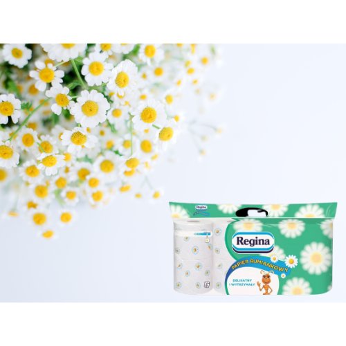 Papier toaletowy Regina Rumiankowy 3 warstwy (8 rolek) x 4 op. + Ręcznik papierowy Regina Blitz (1 rolka) x 4 op.