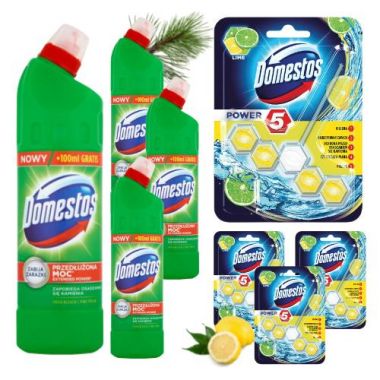 Płyn czyszcząco-dezynfekujący Domestos Przedłużona Moc Pine Fresh 750 ml+Kostka toaletowa Domestos Power 5 Lime 55 g x 8 sztuk