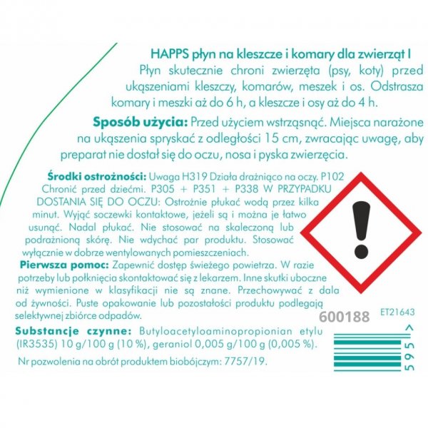 Płyn na kleszcze i komary dla zwierząt Happs w sprayu 200 ml