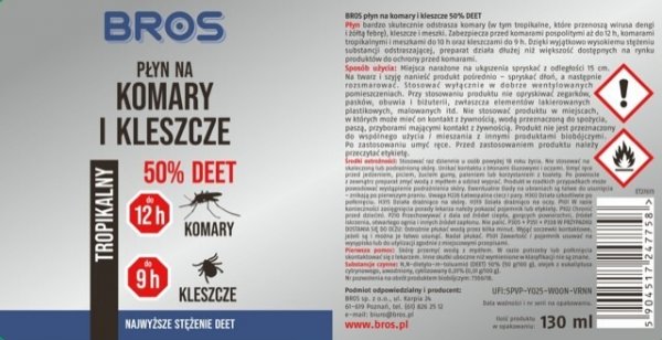 Płyn na komary i kleszcze 50 % Deet 130 ml Bros x 2 sztuki