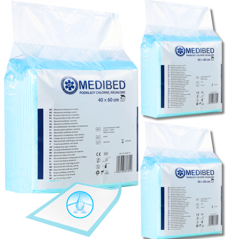 Podkłady chłonne, niejałowe Medibed 40x60 cm (25 sztuk) x 3 opakowania