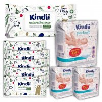 Podkłady dla niemowląt Kindii pure & soft (10 sztuk)+Chusteczki dla dzieci i niemowląt do skóry wrażliwej z ekstraktem z aloesu i alantoiną Cleanic Kindii natural balance (60 sztuk) x 9 sztuk