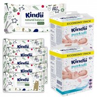 Podkłady dla niemowląt Kindii pure & soft (30 sztuk)+Chusteczki dla dzieci i niemowląt do skóry wrażliwej z ekstraktem z aloesu i alantoiną Cleanic Kindii natural balance (60 sztuk) x 8 opakowań