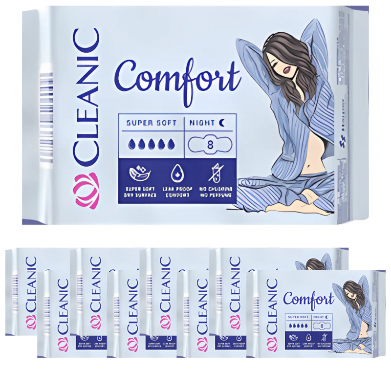 Podpaski Cleanic Comfort na noc (8 sztuk) x 9 opakowań