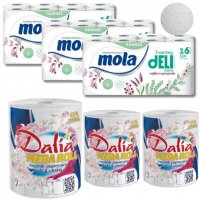 Ręcznik papierowy Dalia Mega Roll soft&strong x 3 sztuki + Papier toaletowy Mola delikatna biała (16 rolek) x 3 opakowania