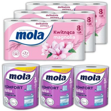 Ręcznik papierowy Mola Komfort + Papier toaletowy Mola White kwitnąca magnolia (8 rolek) x 6 opakowań