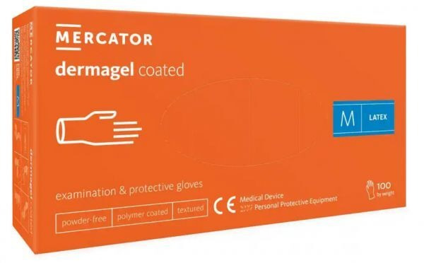 Rękawice diagnostyczne i ochronne, lateksowe, bezpudrowe, kremowe Mercator dermagel coated rozmiar M (100 sztuk)