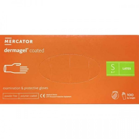 Rękawice diagnostyczne i ochronne, lateksowe, bezpudrowe, kremowe Mercator dermagel coated rozmiar S (100 sztuk)