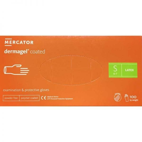 Rękawice diagnostyczne i ochronne, lateksowe, bezpudrowe, kremowe Mercator dermagel coated rozmiar S (100 sztuk)
