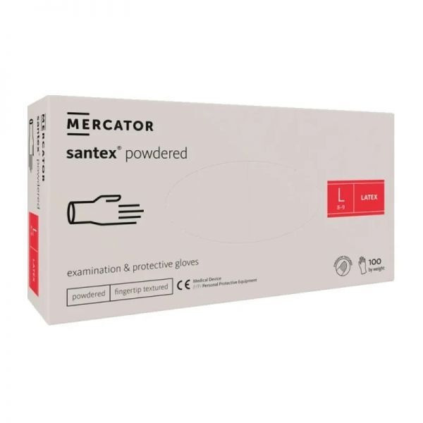 Rękawice diagnostyczne i ochronne, lateksowe, pudrowane, kremowe Mercator Santex powdered rozmiar L (100 sztuk)