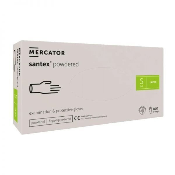 Rękawice diagnostyczne i ochronne, lateksowe, pudrowane, kremowe Mercator Santex powdered rozmiar S (100 sztuk)