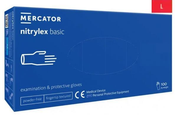 Rękawice diagnostyczne i ochronne, nitrylowe, bezpudrowe Mercator nitrylex basic ciemnoniebieskie rozmiar L (100 sztuk)