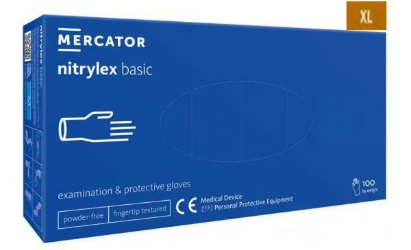 Rękawice diagnostyczne i ochronne, nitrylowe, bezpudrowe Mercator nitrylex basic ciemnoniebieskie rozmiar XL (100 sztuk)
