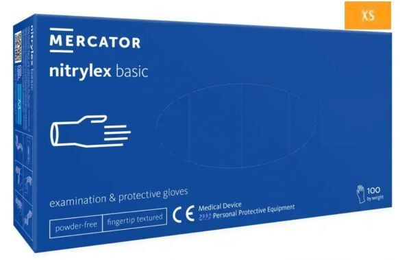 Rękawice diagnostyczne i ochronne, nitrylowe, bezpudrowe Mercator nitrylex basic ciemnoniebieskie rozmiar XS (100 sztuk)