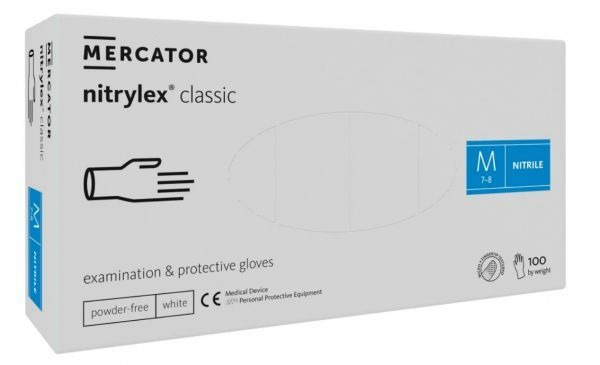 Rękawice diagnostyczne i ochronne, nitrylowe, bezpudrowe Mercator nitrylex białe rozmiar M (100 sztuk)