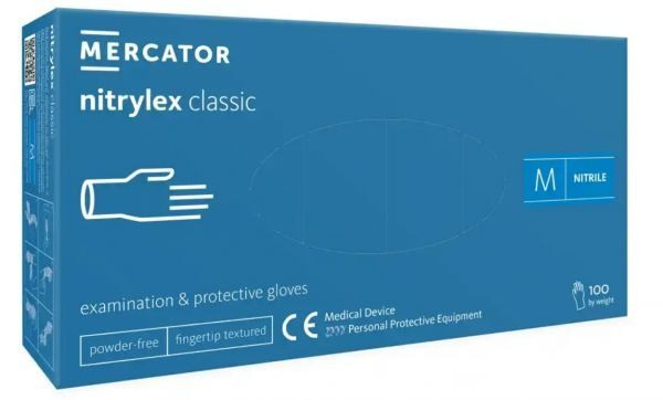 Rękawice diagnostyczne i ochronne, nitrylowe, bezpudrowe Mercator nitrylex classic niebieskie rozmiar M (100 sztuk)