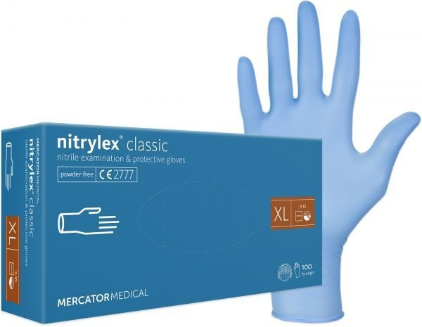 Rękawice diagnostyczne i ochronne, nitrylowe, bezpudrowe Mercator nitrylex classic niebieskie rozmiar XL (100 sztuk)