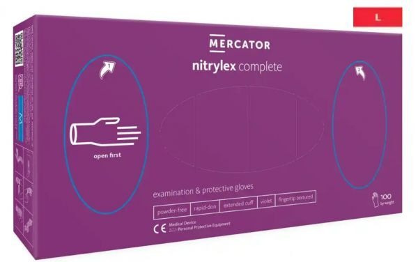 Rękawice diagnostyczne i ochronne, nitrylowe, bezpudrowe Mercator nitrylex complete fioletowe rozmiar L (100 sztuk)