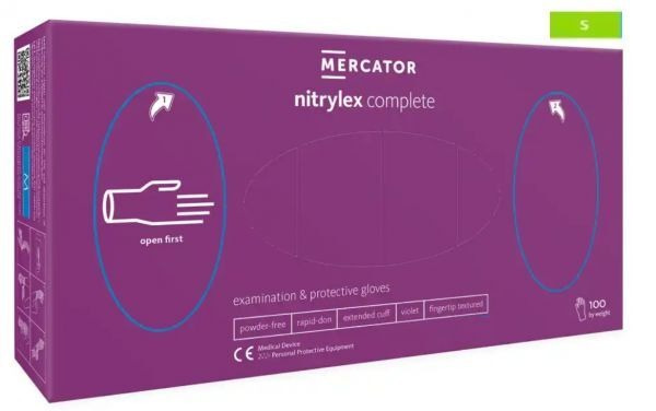 Rękawice diagnostyczne i ochronne, nitrylowe, bezpudrowe Mercator nitrylex complete fioletowe rozmiar S (100 sztuk)
