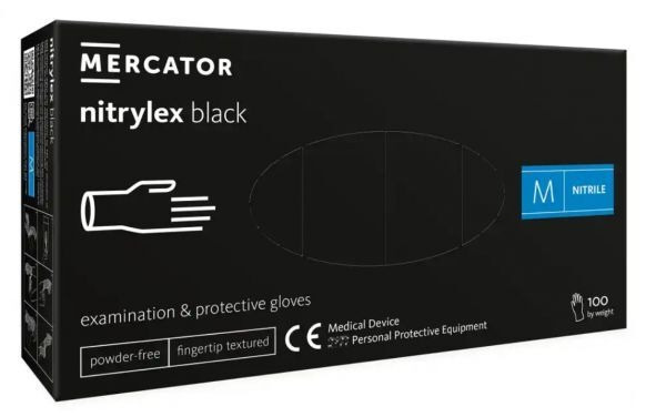 Rękawice diagnostyczne i ochronne, nitrylowe, bezpudrowe Mercator nitrylex czarne rozmiar M (100 sztuk)