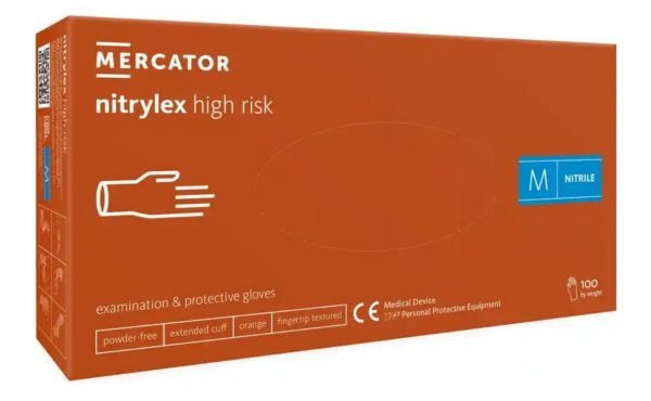 Rękawice diagnostyczne i ochronne, nitrylowe, bezpudrowe Mercator nitrylex high risk pomarańczowe rozmiar M (100 sztuk)