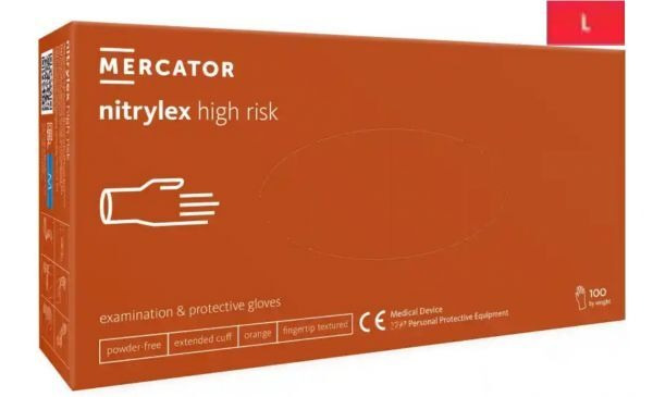 Rękawice diagnostyczne i ochronne, nitrylowe, bezpudrowe Mercator nitrylex high risk pomarańczowe rozmiar L (100 sztuk)