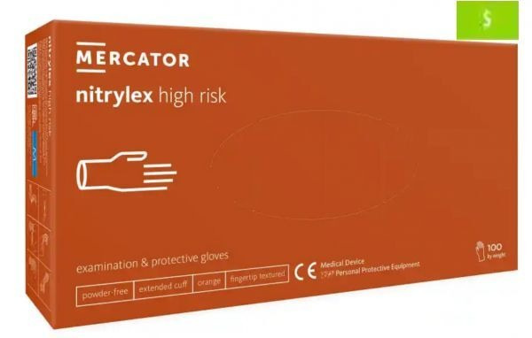 Rękawice diagnostyczne i ochronne, nitrylowe, bezpudrowe Mercator nitrylex high risk pomarańczowe rozmiar S (100 sztuk)