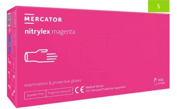 Rękawice diagnostyczne i ochronne, nitrylowe, bezpudrowe Mercator nitrylex magenta rozmiar S (100 sztuk)