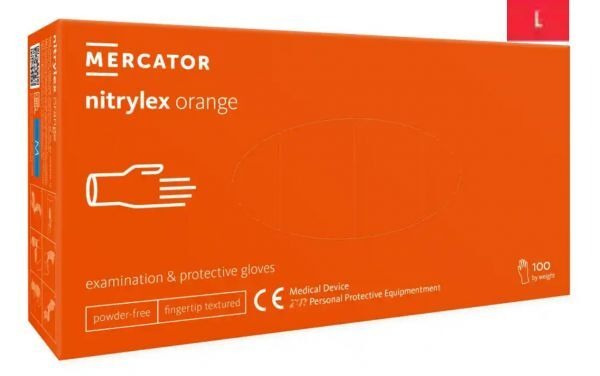 Rękawice diagnostyczne i ochronne, nitrylowe, bezpudrowe Mercator nitrylex pomarańczowe rozmiar L (100 sztuk)