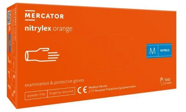 Rękawice diagnostyczne i ochronne, nitrylowe, bezpudrowe Mercator nitrylex pomarańczowe rozmiar M (100 sztuk)