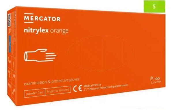 Rękawice diagnostyczne i ochronne, nitrylowe, bezpudrowe Mercator nitrylex pomarańczowe rozmiar S (100 sztuk)
