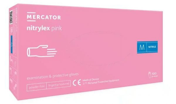 Rękawice diagnostyczne i ochronne, nitrylowe, bezpudrowe Mercator nitrylex różowe rozmiar M (100 sztuk)