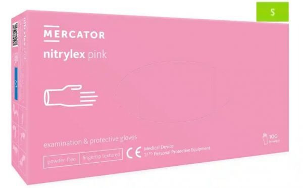 Rękawice diagnostyczne i ochronne, nitrylowe, bezpudrowe Mercator nitrylex różowe rozmiar S (100 sztuk)
