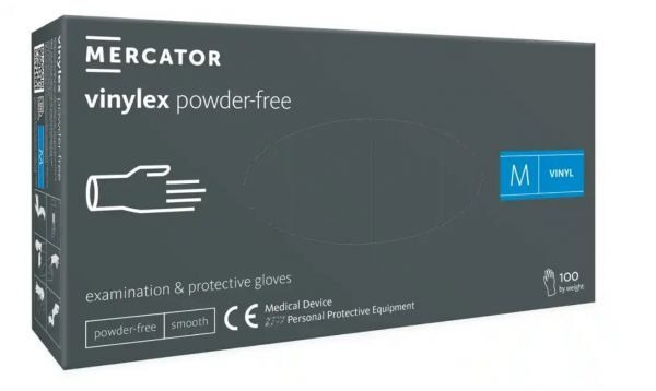 Rękawice diagnostyczne i ochronne, winylowe, bezpudrowe Mercator vinylex powder free transparentne rozmiar M (100 sztuk)