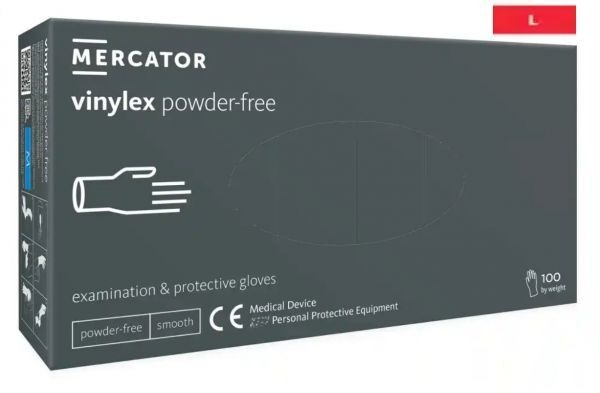 Rękawice diagnostyczne i ochronne, winylowe, bezpudrowe Mercator vinylex powder free transparentne rozmiar L (100 sztuk)