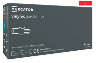 Rękawice diagnostyczne i ochronne, winylowe, bezpudrowe Mercator vinylex powder free transparentne rozmiar L (100 sztuk)